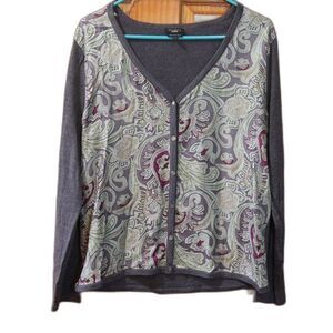 Talbots Gray Paisley Front Silk Panel Merino Wool Cardigan Sweater Large Classic